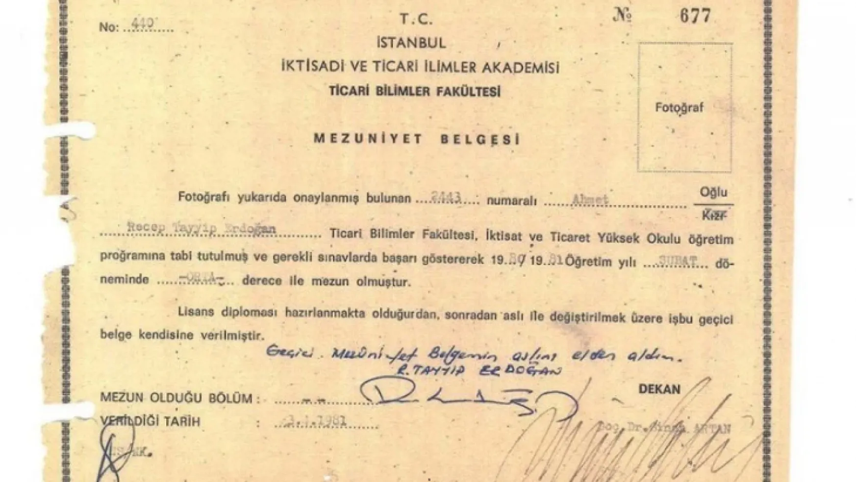 İşte Erdoğan'ın diploması